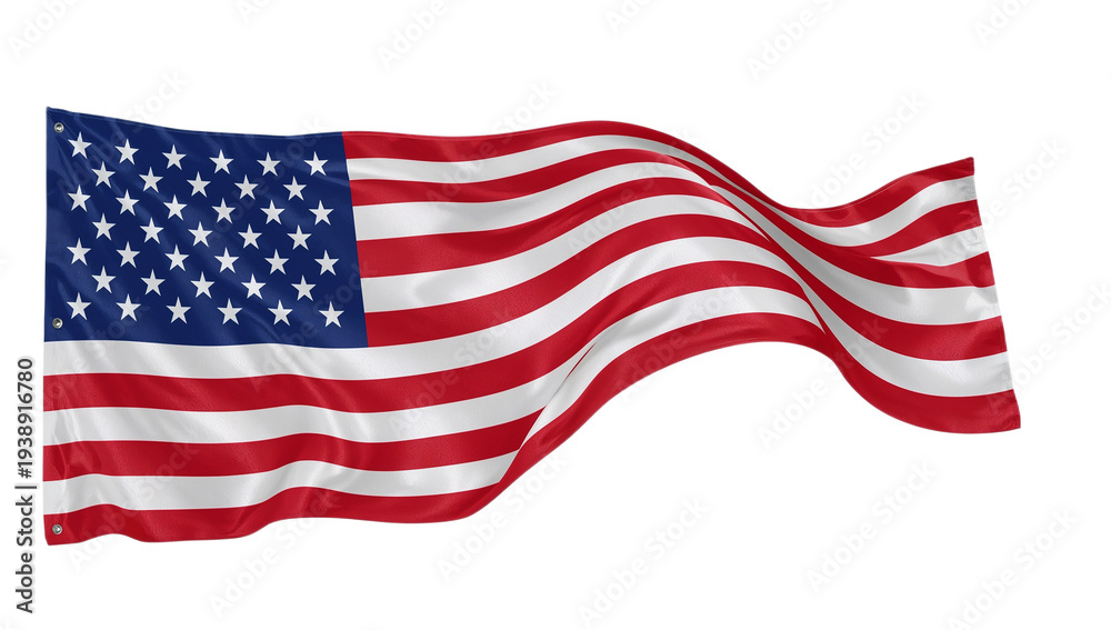 Fototapeta premium Realistically rendered United States flag waving, vibrant red, white, and blue, showing fabric texture, stars, and stripes, symbolizing national pride on white background