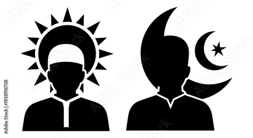 Contrast between symbols representing sun-worship and islamic faith in silhouette style Vector, illustration