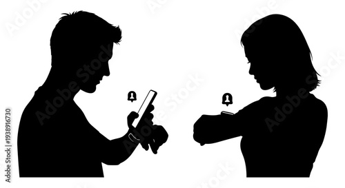 Two silhouettes sharing a smartphone message or notification together in a social setting Vector, illustration