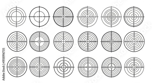 Collection of 16 radar or sonar signal pattern diagrams with concentric circles and crosshairs