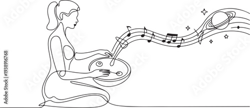 A woman plays space music on a glucophone. International Strange Music Day.one line vector illustration with out background