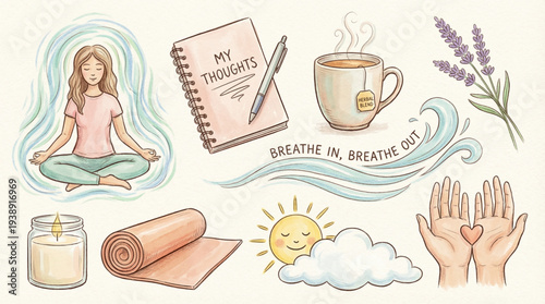 Gentle hand drawn wellness and self-care elements in soft colorful aesthetic