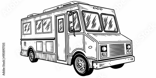 Black and White Food Truck Line Art Sketch Illustration