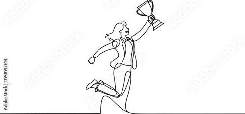 Cartoon of businesswoman jumping holding trophy get reward and celebrate.one line vector illustration with out background