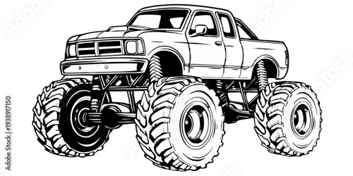 Monster Truck 4x4 Off-Road Pickup Line Art Vector Illustration
