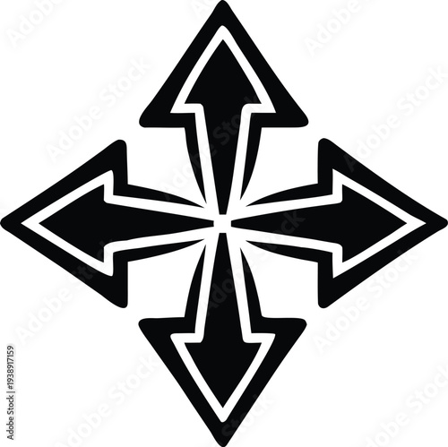 Four black arrows pointing outwards from a central point