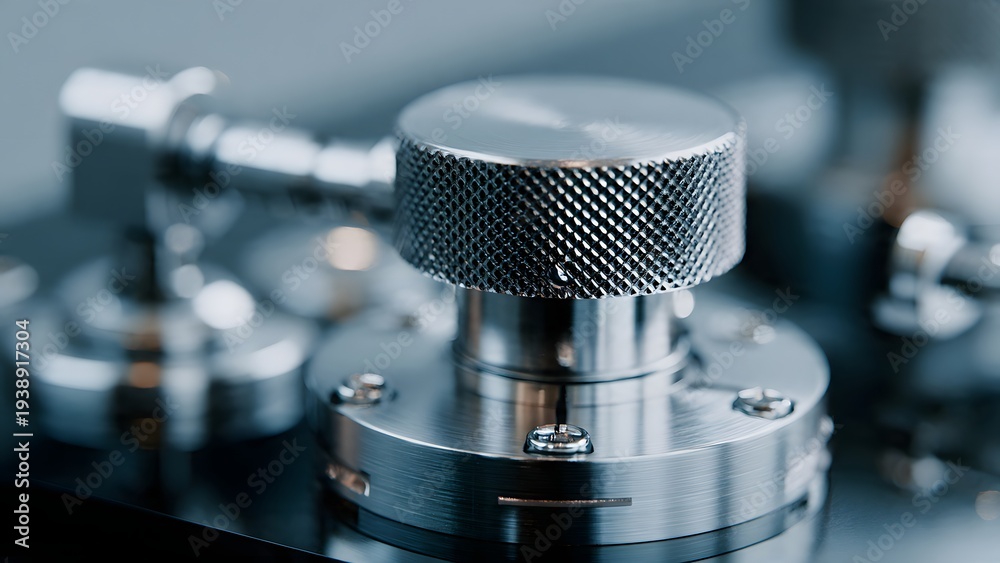 Fototapeta premium Precision silver metallic round knurled control knob on industrial equipment for scientific applications