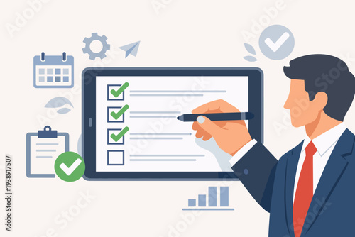 Businessman using a stylus to mark a checklist on a digital tablet. Illustration of task management, productivity, business planning, and project completion with icons for calendar and charts.