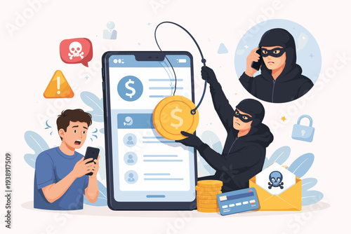 Call Center Fraud and Mobile Banking Scam Concept with Hacker Stealing Money from Smartphone App using Fishing Rod, Fake Phone Call, Financial Cyber Crime, Phishing and Online Security Threats.