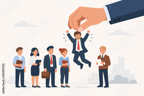 Human Resources Recruitment Concept with Giant Hand Picking Successful Candidate for Job Vacancy from Row of Applicants, Talent Acquisition, Career Opportunity, and Employment Selection.