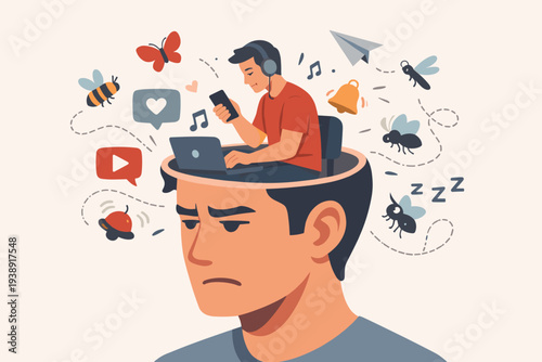Illustration of a man overwhelmed by digital distractions, social media notifications, and mental noise, showing a lack of focus and productivity with icons of insects and multitasking in mind.