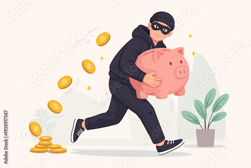 Financial Crime Illustration of a Thief in a Black Mask Stealing a Large Pink Piggy Bank and Running Away while Gold Coins Fall Out, Representing Investment Risk, Banking Security Breach, and Fraud.