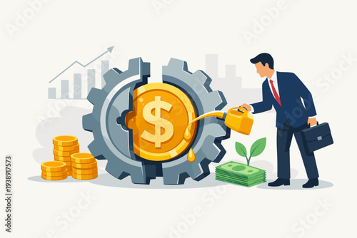 Businessman pouring oil to lubricate a gear with a dollar coin, representing financial liquidity, economic stimulus, central bank monetary policy, investment growth, and business management.