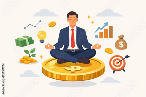 Businessman in suit meditating on a large gold coin surrounded by financial icons like money bags, growth charts, lightbulbs, and targets, representing wealth management and financial mindfulness.