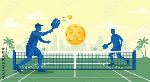 Pickleball players match scene on outdoor court with city skyline