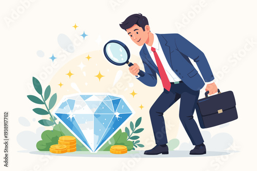 Professional businessman in a suit using a magnifying glass to inspect a large sparkling blue diamond with gold coins, representing business evaluation, finding talent, and valuable discovery.