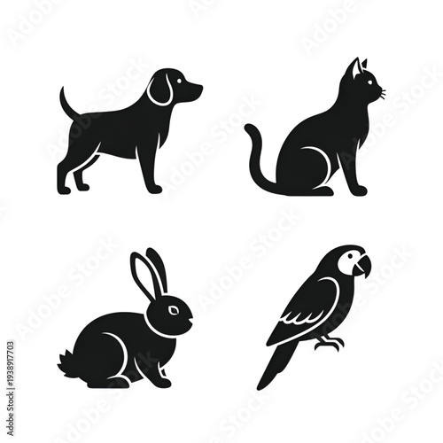 Four distinct domestic animal silhouettes including a dog, cat, rabbit, and parrot are presented in a set of icons.