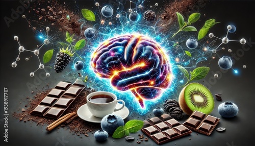 Brain Boosting Foods and Neuroscience Concept with Chocolate Coffee and Berries
