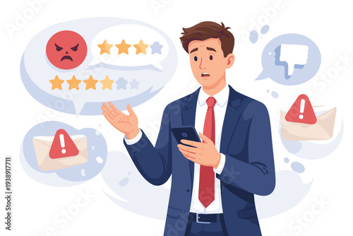 Stressed Businessman Looking at Smartphone with Negative Customer Feedback, Bad Online Reviews, Low Star Ratings, Thumbs Down Icon and Complaint Emails, Reputation Management Crisis Illustration