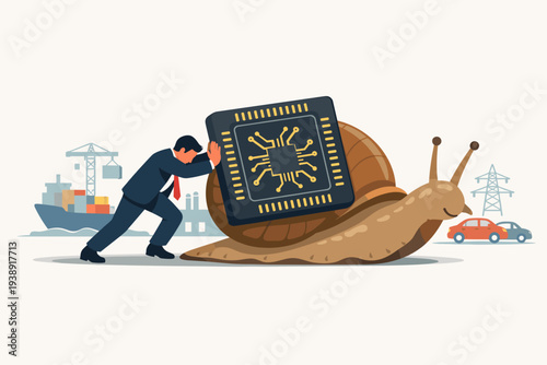 Global Semiconductor and Computer Chip Shortage Concept with Businessman Pushing a Snail Representing Supply Chain Crisis Slowdown Impacting Industry Logistics and Economic Growth Worldwide.