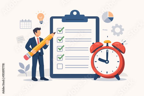 Professional businessman holding giant pencil marking tasks on large clipboard checklist with alarm clock, representing efficient time management, project planning, and productivity goals.