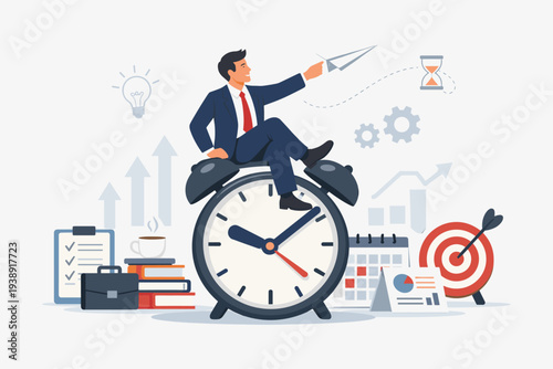 Professional businessman sitting on a large alarm clock for time management and productivity. Concept of efficiency, meeting deadlines, and business success with planning and strategy icons.