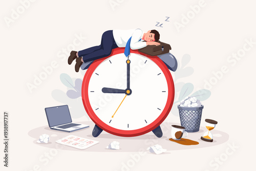 Tired businessman sleeping on giant alarm clock, procrastination and wasted time concept. Lazy employee at work with laptop, spilled coffee, and hourglass. Low productivity, burnout, and fatigue.