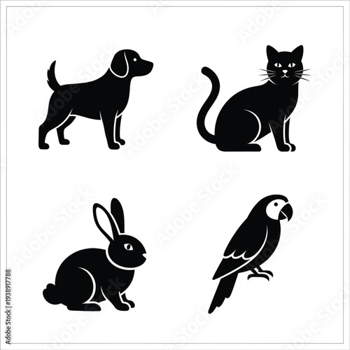 This graphic resource displays four black icons representing crucial elements of environmental responsibility: a trash receptacle, liquid element, renewable power generation, and new plant life.