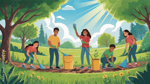 Diverse group of people gardening together outdoors in a sunny park with trees and flowers