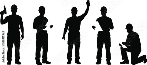Vector Silhouette Set of Male Construction Workers Wearing Hard Hats Holding Power Tools and Blueprints for Industrial Building Projects and Architectural Engineering Service
