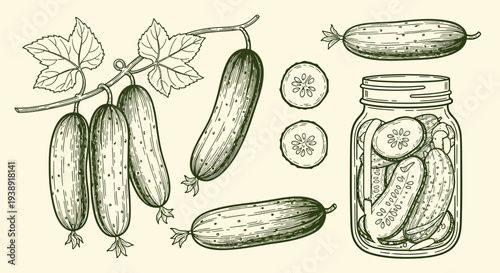 Vintage cucumber engraving set with pickles and preserving jar illustration