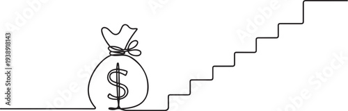 Continuous line drawing of money bag with stairs, business growth, object.one line vector illustration with out background