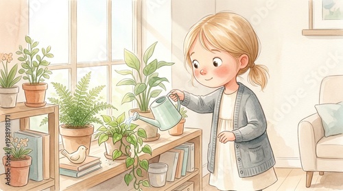 Young girl watering plants in bright indoor space with sunlight  