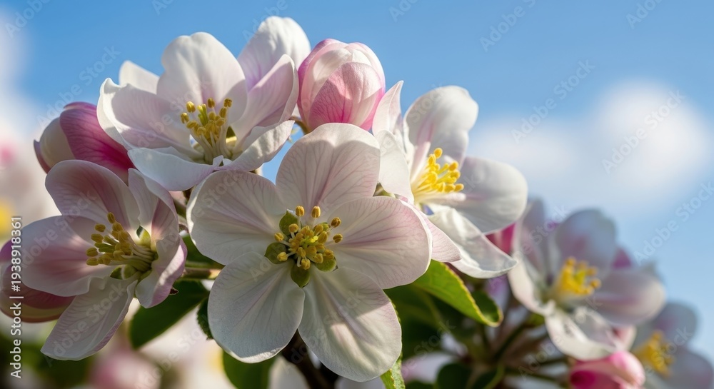 Fototapeta premium Delicate apple blossoms against a vibrant blue sky backdrop.