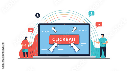 Clickbait warning on a laptop screen with arrows pointing to a red button for internet safety and marketing awareness.