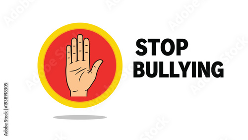 Stop bullying hand sign in a red circle for social awareness and prevention of harassment in schools or workplaces.