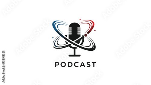 Podcast microphone icon with orbiting rings and particles for digital audio broadcasting and modern media production.
