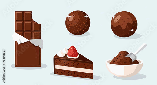 Chocolate desserts including cake, truffles, and ice cream are displayed together on a surface.