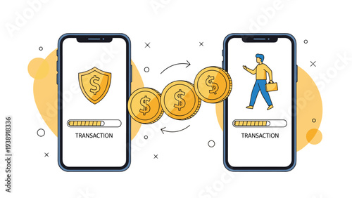 Mobile money transfer between two smartphones with dollar coins and transaction loading bars for digital banking services.