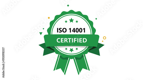 ISO fourteen thousand and one certified green badge with ribbon for environmental management system standards compliance.