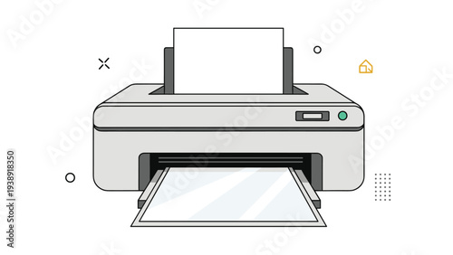 Modern office inkjet printer with a blank white paper sheet for document printing and professional business hardware.
