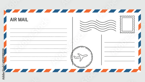 Classic air mail envelope with red and blue striped border and postage stamps for international delivery and correspondence.