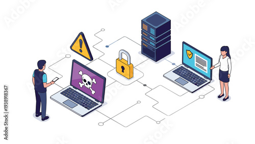 Cyber security isometric illustration with laptops and skull icon for hacking threats and network protection concepts.