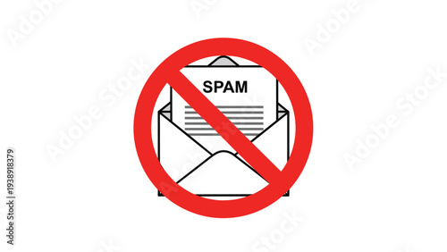 No spam sign showing a prohibited symbol over an open envelope for email filtering and unwanted message prevention.