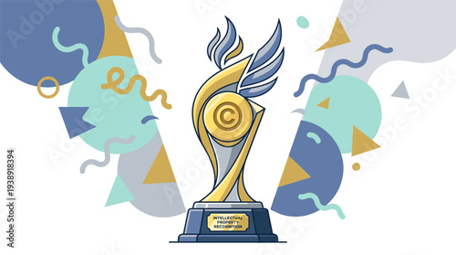 Intellectual Property Trophy with copyright symbol, wings, flame, abstract shapes. Innovation, creativity, legal recognition. Modern flat vector, gold, blue, teal. Editable vector, EPS, AI, SVG.