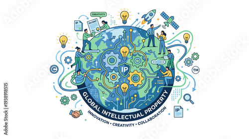 Global IP system. People protecting patents, ideas, copyrights, trademarks for worldwide innovation and business. Modern flat line vector art, blue-green palette with interconnected tech elements.