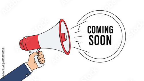Coming soon announcement illustration shows a hand holding a megaphone to build excitement for an upcoming release.