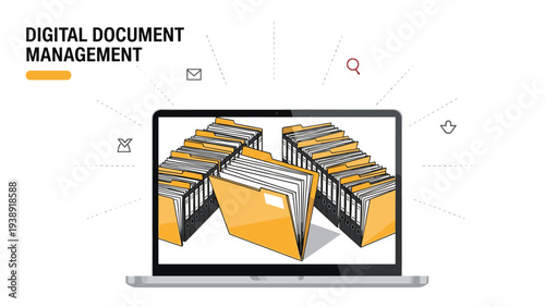 Digital document management illustration displays organized folders on a laptop screen for efficient office workflow.