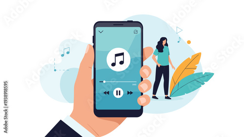 Music streaming application illustration shows a hand holding a smartphone with a playback interface and listeners.