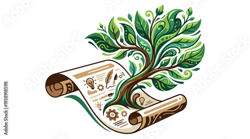 Creative Growth Tree from Scroll with Idea Lightbulb & Gear Icons for Innovation, Knowledge & Development, Modern Flat Vector Illustration Green, Isolated Graphic Design Element